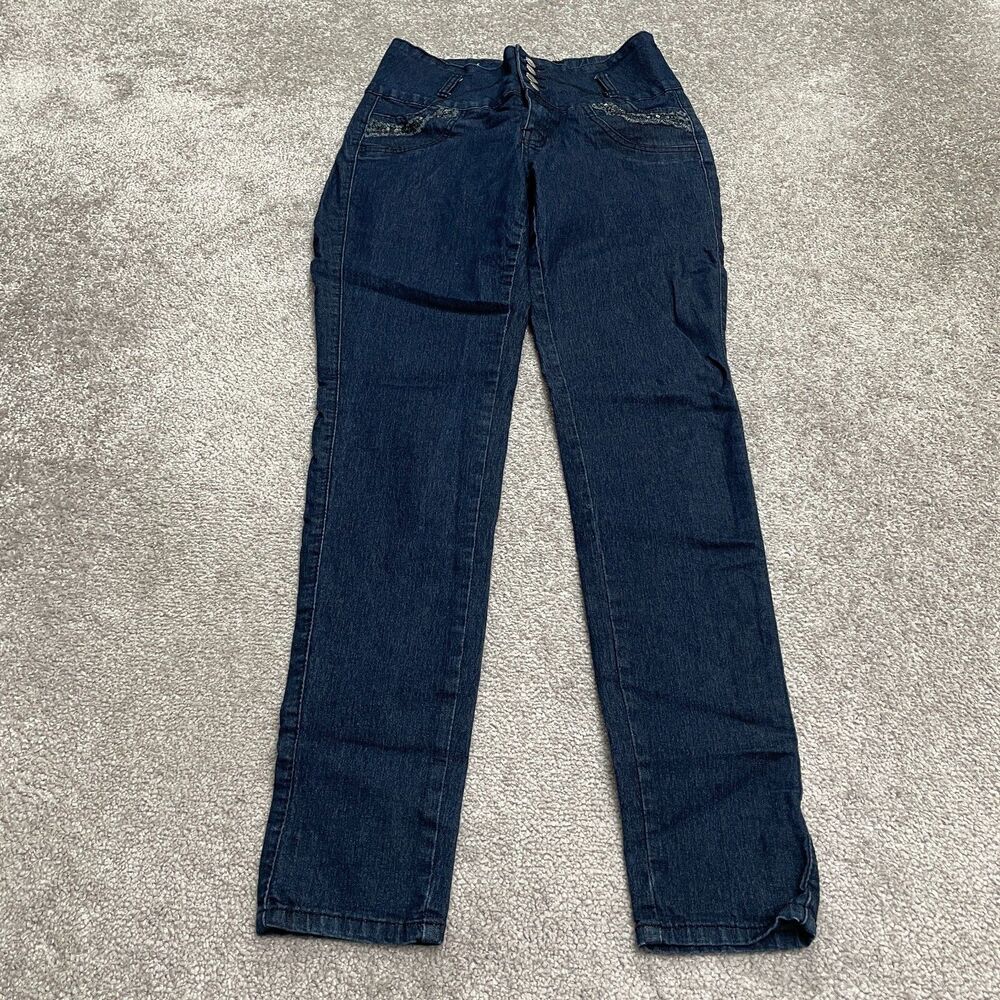 Diamante High Rise Denim Jeans Juniors 7 Blue Dark Wash Sequins Stretch 28x30